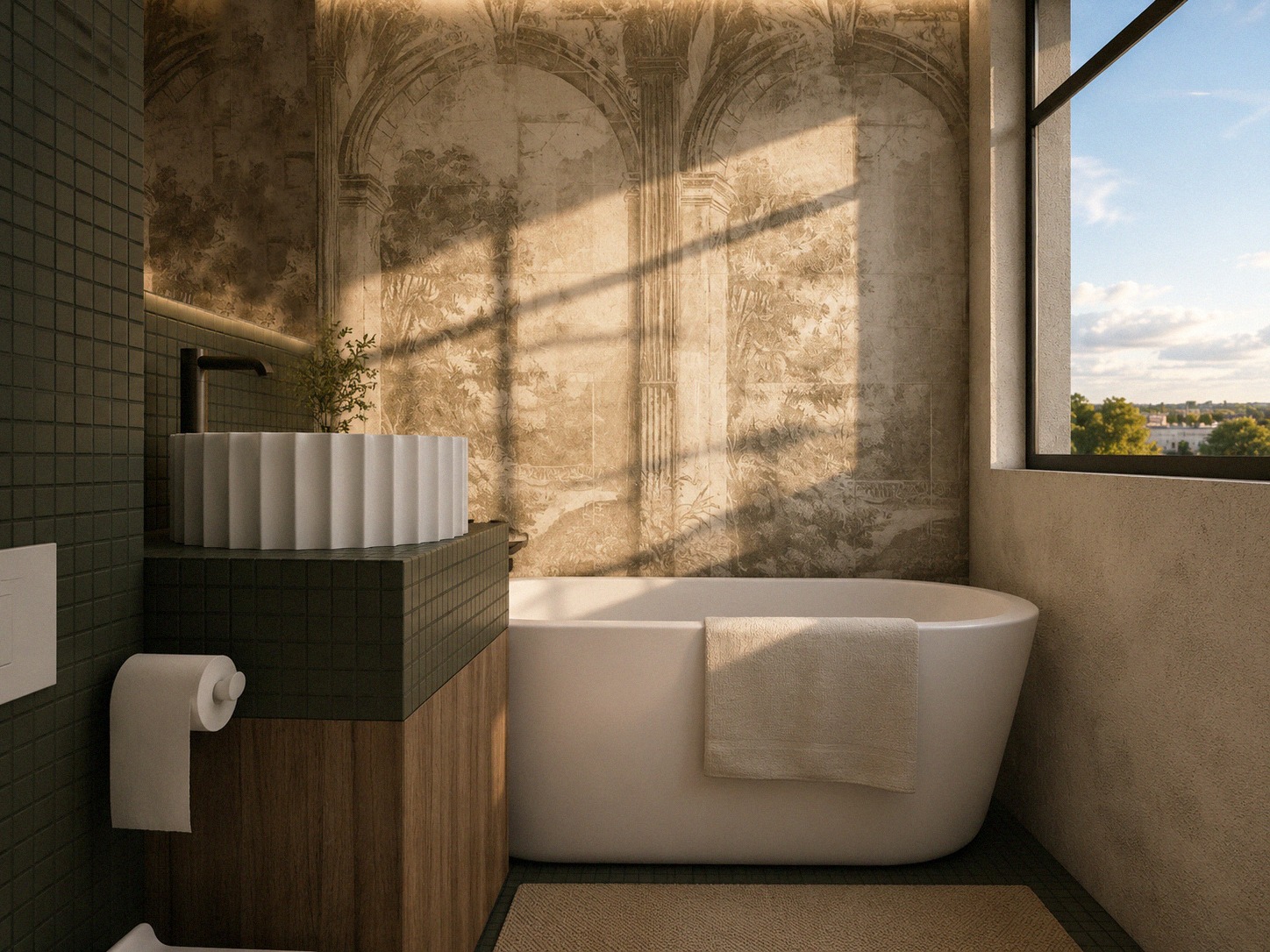 Notara 20 — First scheme — bathroom, basin and fresco wall
