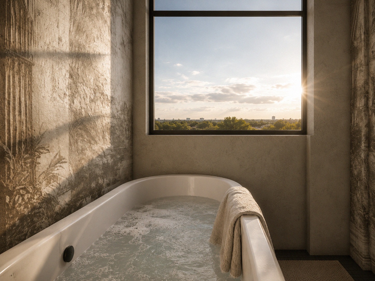 Notara 20 — First scheme — bath, window at sunset