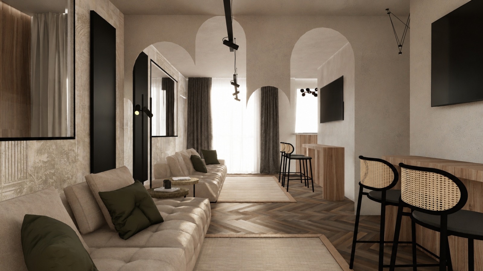 Notara 20 — Second scheme — living room, towards the breakfast bar