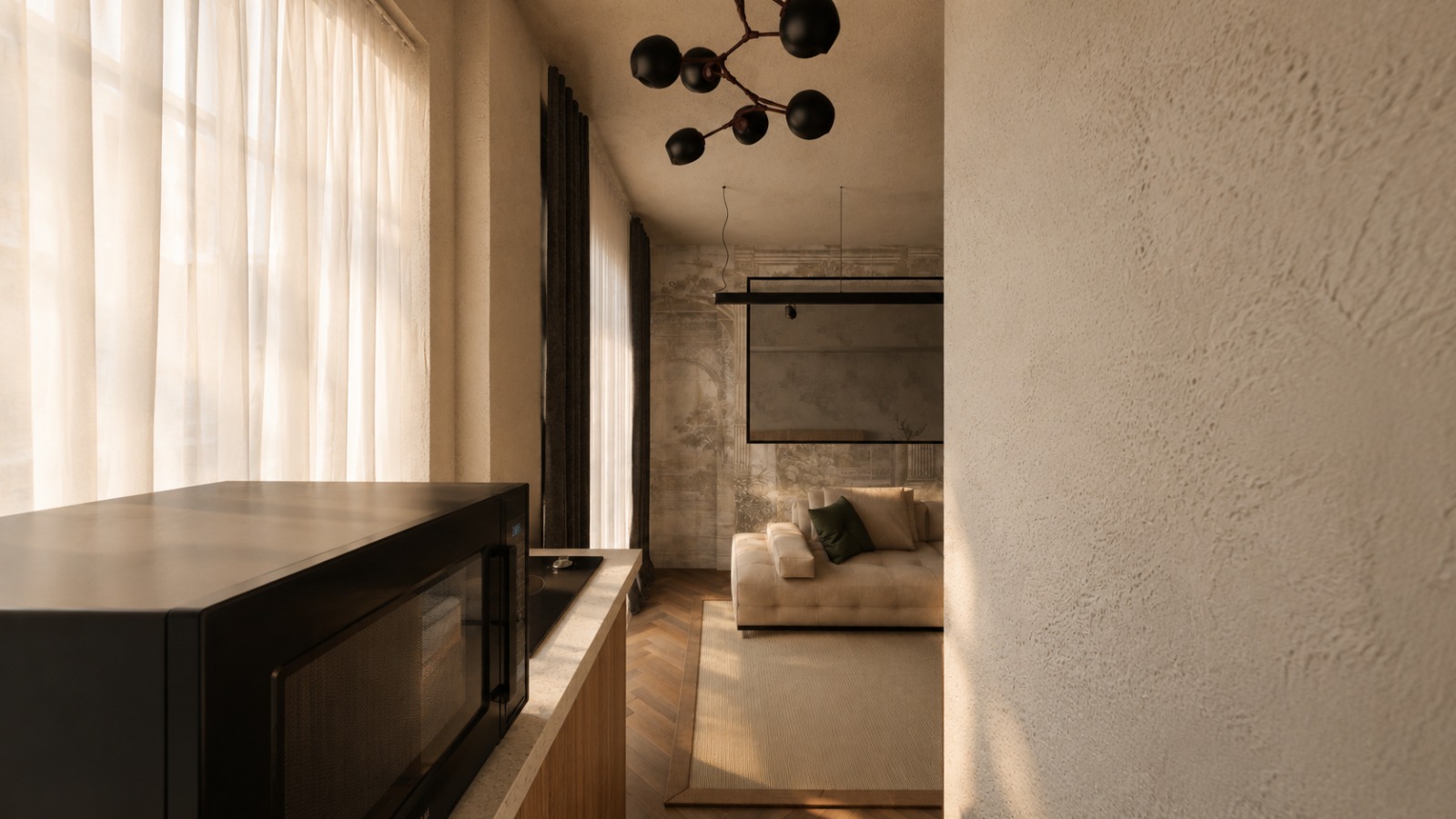 Notara 20 — Second scheme — kitchen counter, towards the living room