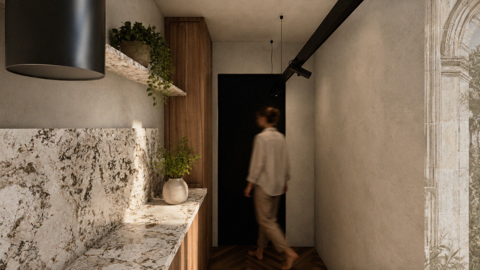 Notara 20 — First scheme — kitchen counter, towards the entrance