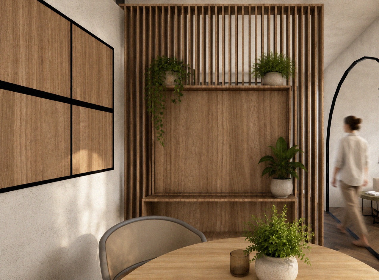 Notara 20 — First scheme — dining, the oak slat niche