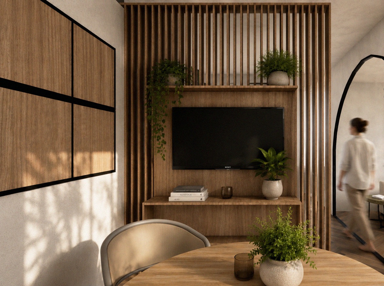 Notara 20 — First scheme — dining, slat wall and screen