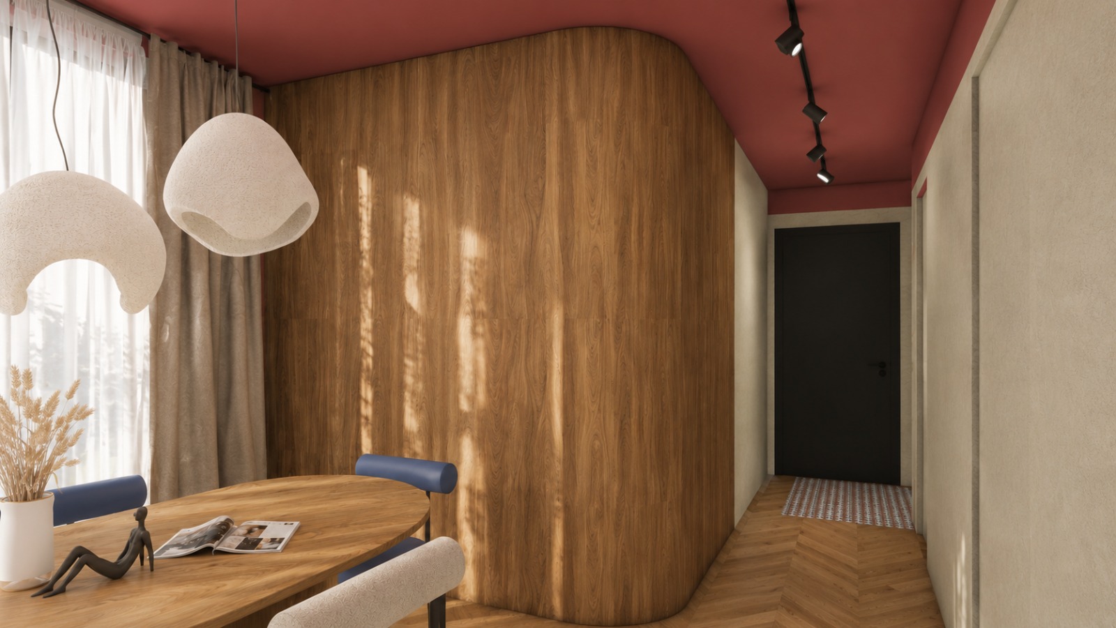 Wilson Studio — Dining room and the curved walnut volume